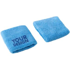 Two blue terry cloth cotton sport wristbands, featuring a branding logo.