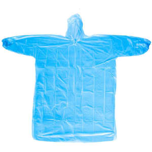 A blue disposable rain poncho with a hood, featuring long sleeves and a loose fit. It has a logo.