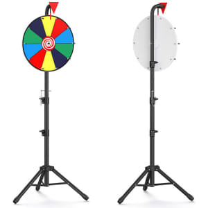 A colourful tabletop spinner wheel mounted on a black tripod stand, featuring a mix of red, blue, green, and yellow sections.