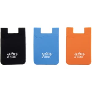 Three adhesive cell phone wallets in black, blue, and orange, each with a logo or branding on the front.