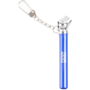 A blue tire pressure gauge attached to a keychain, designed for promotional use. It has a metal clip and a branded area.