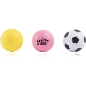 Three PU foam stress balls in yellow, pink, and a soccer design, featuring a logo on the pink ball.