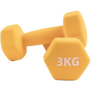 A pair of yellow 3KG hexagonal dumbbells, featuring a smooth surface and a logo.