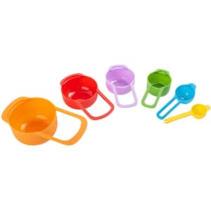 A set of six plastic measuring spoons in orange, red, purple, green, and blue, featuring handles for easy use.