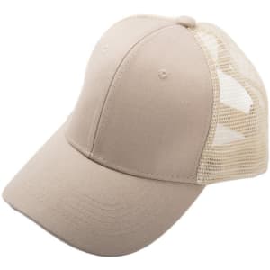 A beige trucker cap with a foam front and mesh back, featuring a single logo on the front.