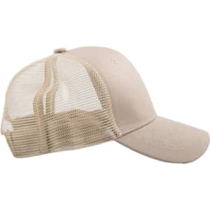 A beige foam trucker cap with a mesh back and a curved visor, featuring a logo on the front.
