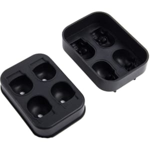 A black silicone ice cube mould with four skull-shaped compartments, shown in two sections.
