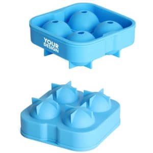 A silicone ice cube tray with four round holes, featuring a light blue colour and a branding logo.