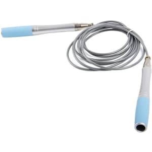 A PVC jump rope with silicone handles, featuring grey rope and light blue handle grips. The product has a logo.