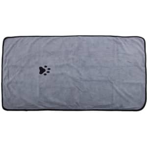 A grey microfiber pet bath towel featuring a paw print design, bordered in black. Includes a logo.