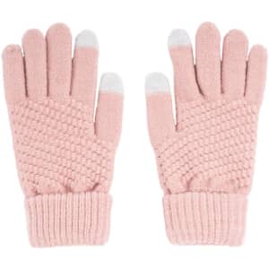 A pair of knitted touch screen gloves in pink, featuring textured patterns and grey tips on the fingers.