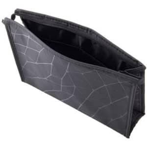 A black PU diamond printed makeup pouch with a geometric pattern, featuring a zip closure and a spacious interior.