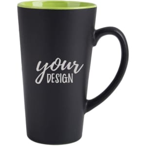 A coffee mug featuring a matte black exterior and a bright green interior, with a logo on the side.