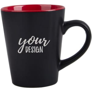 A two-tone ceramic coffee mug featuring a black exterior and a red interior. Includes a logo on the surface.