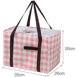 A foldable picnic bag with a pink and white checkered pattern, featuring brown handles and a drawstring closure.