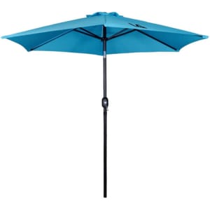 A 7.5FT outdoor patio umbrella in vibrant blue with a black pole and a logo on the fabric.