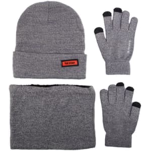 A grey beanie, scarf, and gloves set, featuring a logo, made from soft fabric.