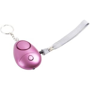 A pink personal security alarm keychain with a grey strap and a keyring for attachment. Features an LED light.