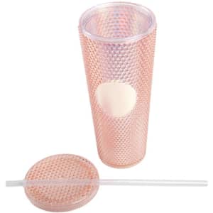 A drink bottle in a rose gold studded design, with a clear lid and a straw included.