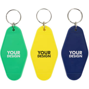 A set of three vintage motel key tags in green, yellow, and navy blue with a logo area for custom designs.