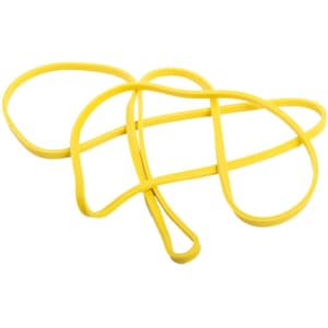 A yellow custom latex pull-up resistance band, entwined in various loops. It features a logo.
