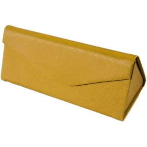 A triangular folding glasses case in a textured mustard yellow finish, featuring an envelope-style design and a logo.