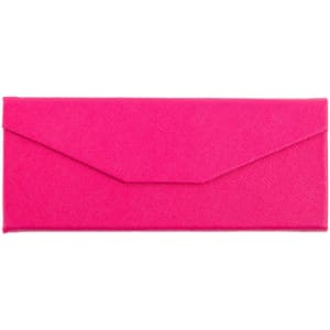 A pink triangular folding glasses case with an envelope-style closure and a textured surface. It features a logo.