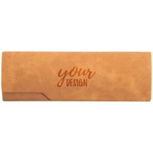 A PU leather eyeglass case in a warm, tan colour featuring a branding logo and a smooth texture.