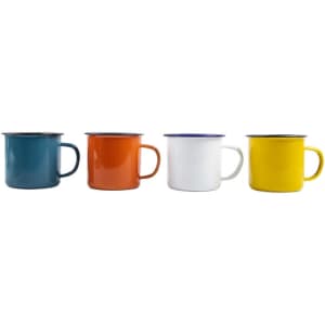 A set of four enamel camping mugs in teal, orange, white, and yellow, each with a handle and rim.