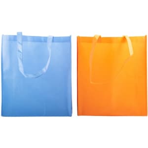 Two non-woven tote bags, one in light blue and the other in bright orange, each with two handles and a logo.