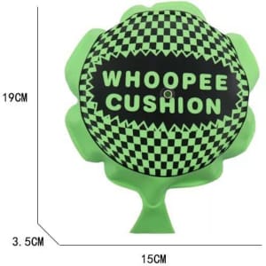 A green and black 6-inch self-inflating whoopee cushion in a fun floral shape, featuring a checkered design.