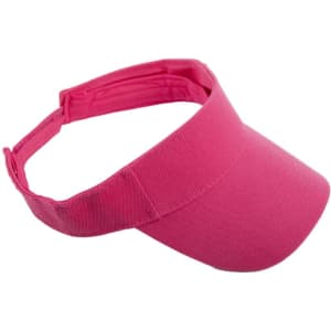 A bright pink adjustable sun visor hat with a wide brim and a soft, flexible band. Features a logo.