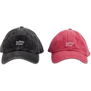 A black and a red washed baseball cap with branding on the front.