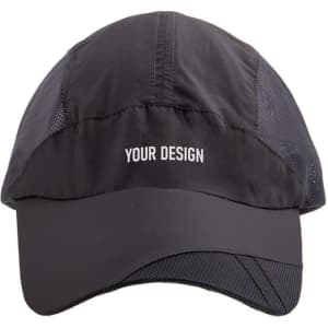 A black breathable quick-drying baseball cap featuring mesh panels and a prominent logo area.