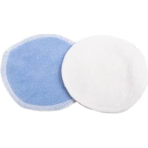 Two reusable makeup remover pads, one blue and one white, shaped in circular and hexagonal forms.