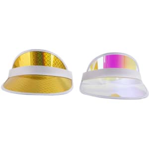 A custom laser PVC empty top hat visor in gold and pink, featuring a sleek white band and reflective design.