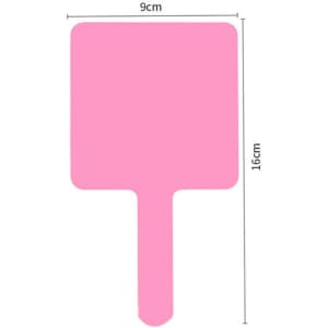 A pink square handle makeup mirror with dimensions of 9cm by 16cm and a simple design. It features a logo.