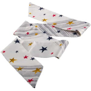 A white skinny hair scarf featuring multicoloured stars in red, gold, and blue. It has a smooth texture and a stylish design.