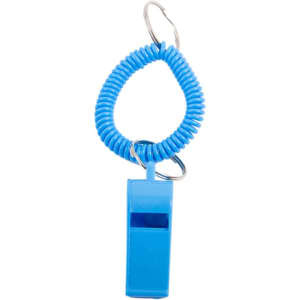 A blue whistle bracelet keychain with a coiled plastic design and metal keyring attachment.