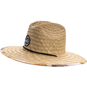 A wide brim straw hat in natural tones, featuring a black logo. Ideal for sun protection.
