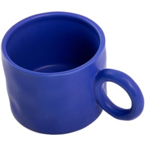 A blue ceramic coffee mug with a large handle, featuring a smooth, textured finish.