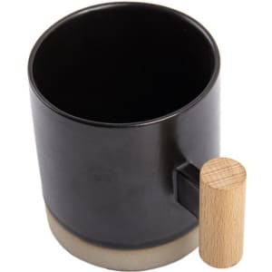 A ceramic mug with a wooden handle and a black finish, featuring a natural wood accent at the handle.