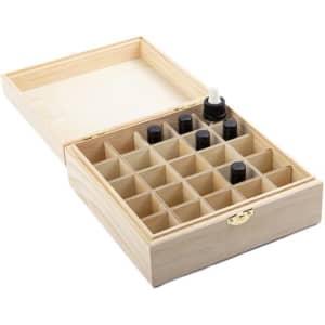 A wooden essential oil storage box with 25 slots, featuring a natural wood finish and a hinged lid.