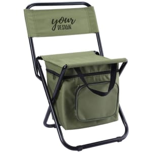A folding stool chair in olive green with a cooler bag and an exterior pocket, featuring a logo on the backrest.