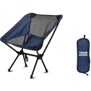 A navy outdoor detachable moon chair with a carrying bag, featuring a mesh insert and a sturdy frame.