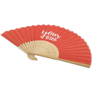 A custom folding hand fan in bright red with wooden accents, featuring a personalised design area.