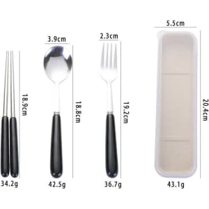 A stainless steel cutlery set in black, including a spoon, fork, and chopsticks, housed in a travel case.