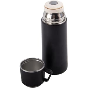 A drink bottle featuring a black double-wall vacuum flask with a silver top and a matching cup.
