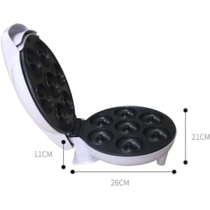 A mini donut maker machine in white, featuring nine circular molds, with measurements indicated for size reference.