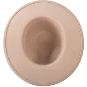 A classic felt fedora hat in a light beige colour, featuring a smooth interior and a simple design.